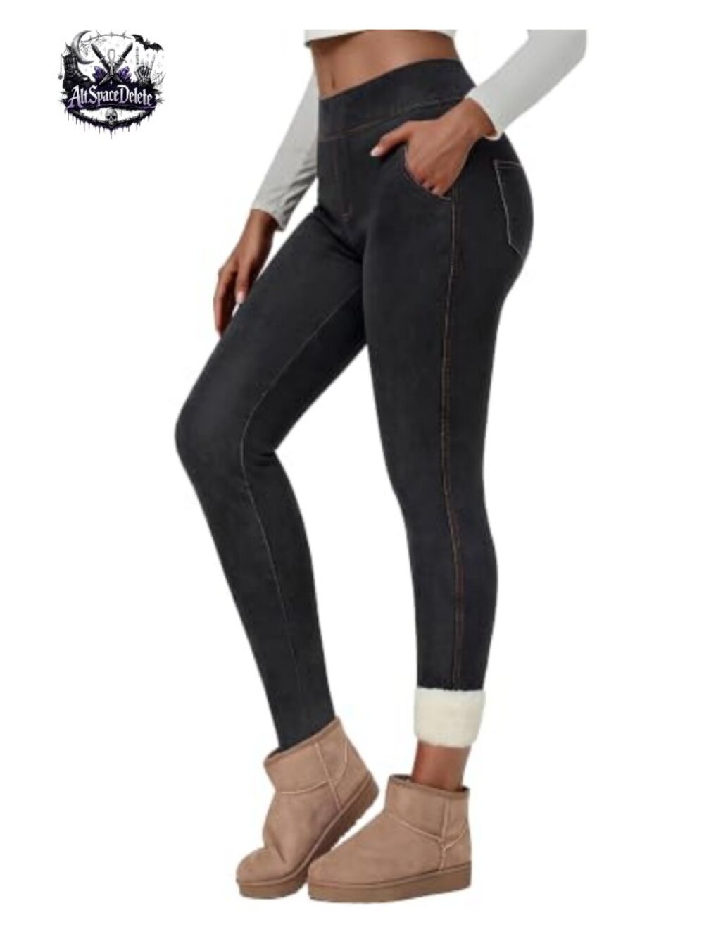 Fleece Lined High Waist Imitation Denim Skinny Leggings